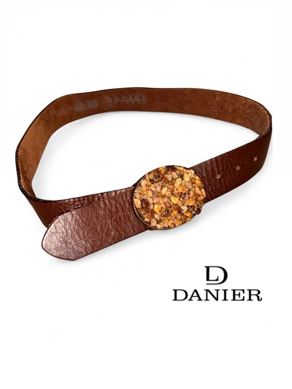 DANIER Vintage Brown Leather Belt with Stone Encrusted Oval Buckle Size 30